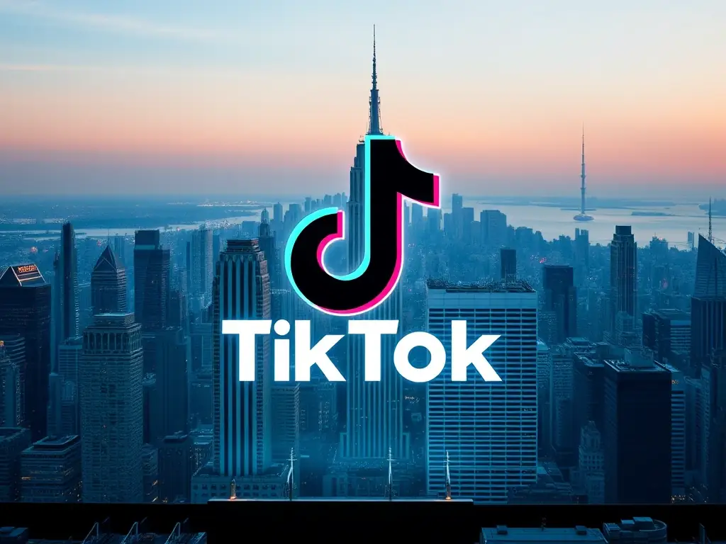 A professional photograph showcasing the TikTok logo with a subtle background of international city skylines, representing the global reach of TikTok advertising.