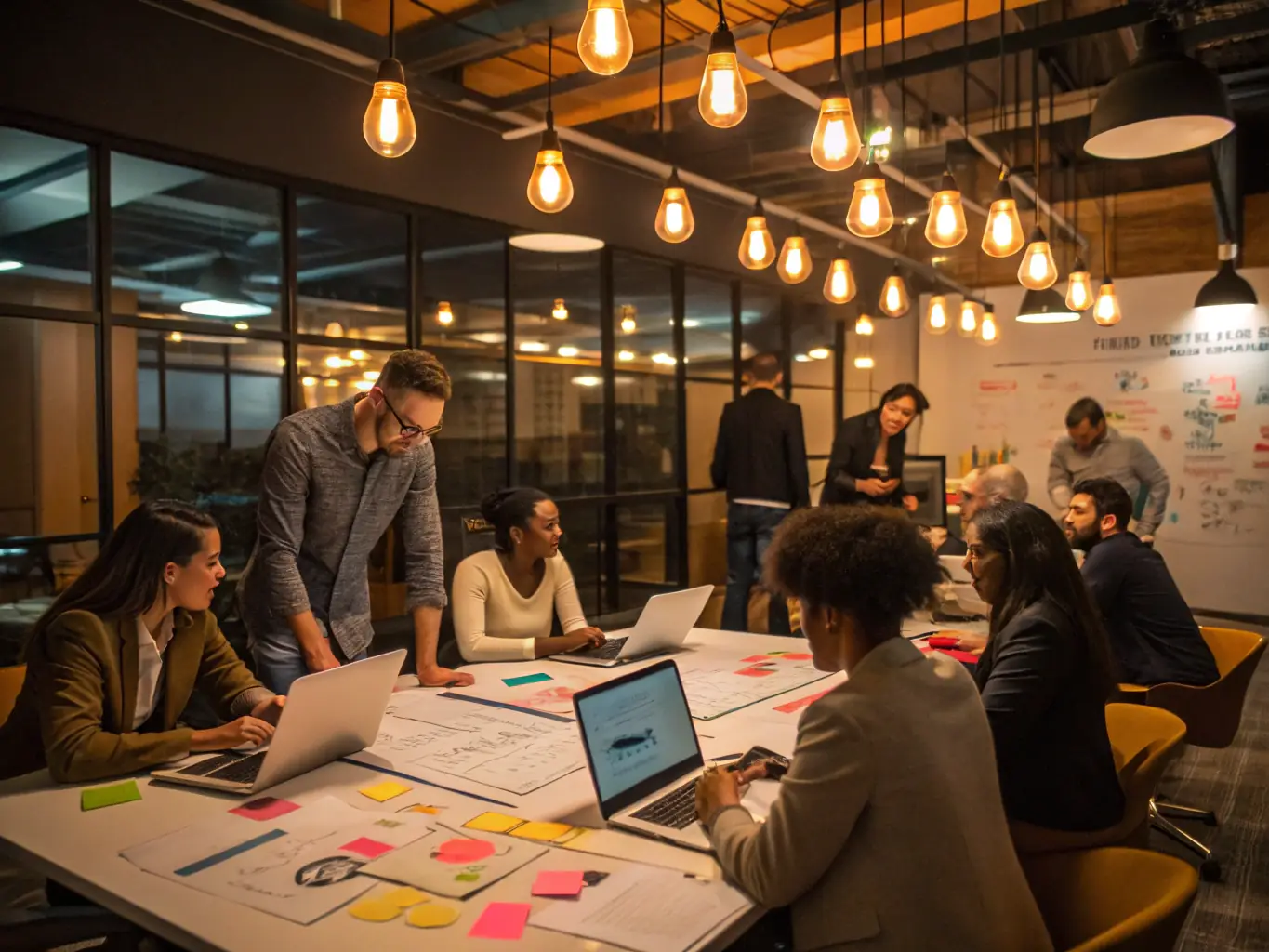 A dynamic image showcasing a diverse group of people collaborating in a modern office setting, brainstorming ideas for a global advertising campaign. The image should convey creativity, teamwork, and a global perspective.